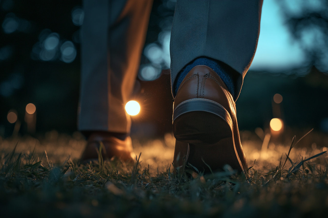 Un homme qui marche sur de l'herbe | Source : Midjourney