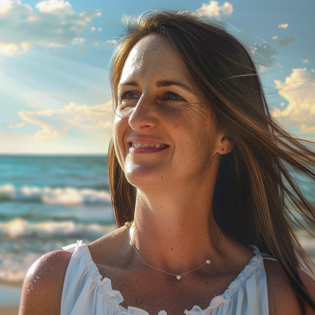 Une femme qui sourit sur fond de mer | Source : Midjourney