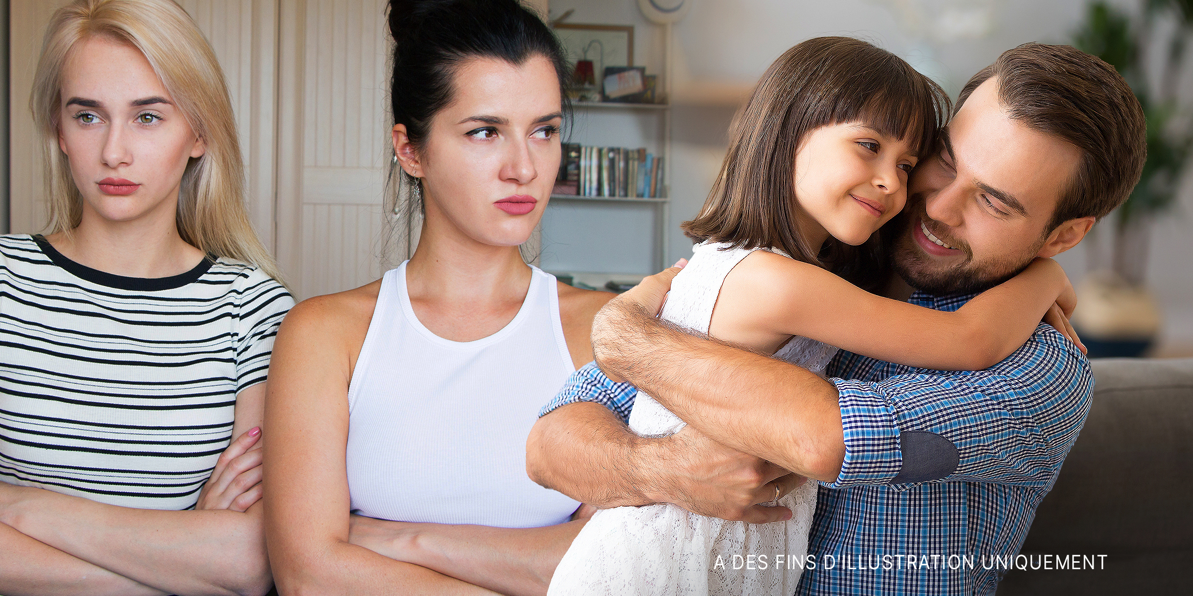 Deux grandes filles bouleversées tandis qu'un homme serre fort sa fille cadette | Source : Shutterstock