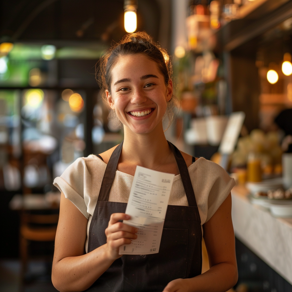 Une serveuse souriante tenant une facture | Source : Midjourney