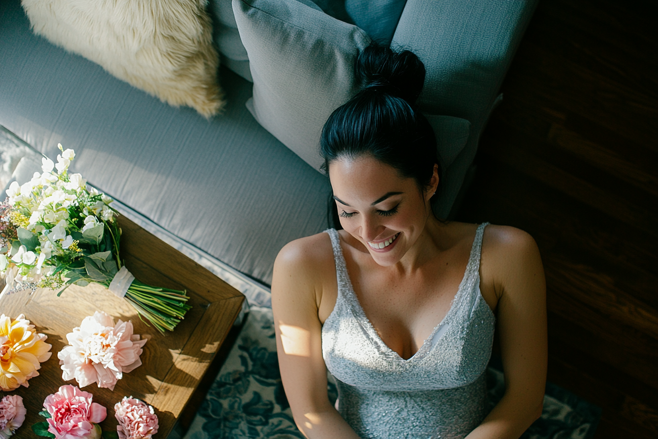 Une femme aux cheveux noirs d'une trentaine d'années est assise par terre devant le canapé du salon, avec des fleurs et des échantillons sur la table basse en souriant | Source : Midjourney