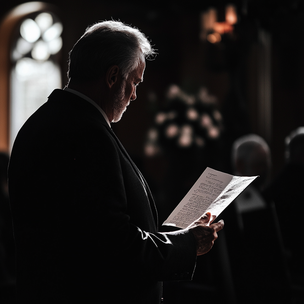 Homme âgé lisant une lettre lors d'un enterrement | Source : Midjourney