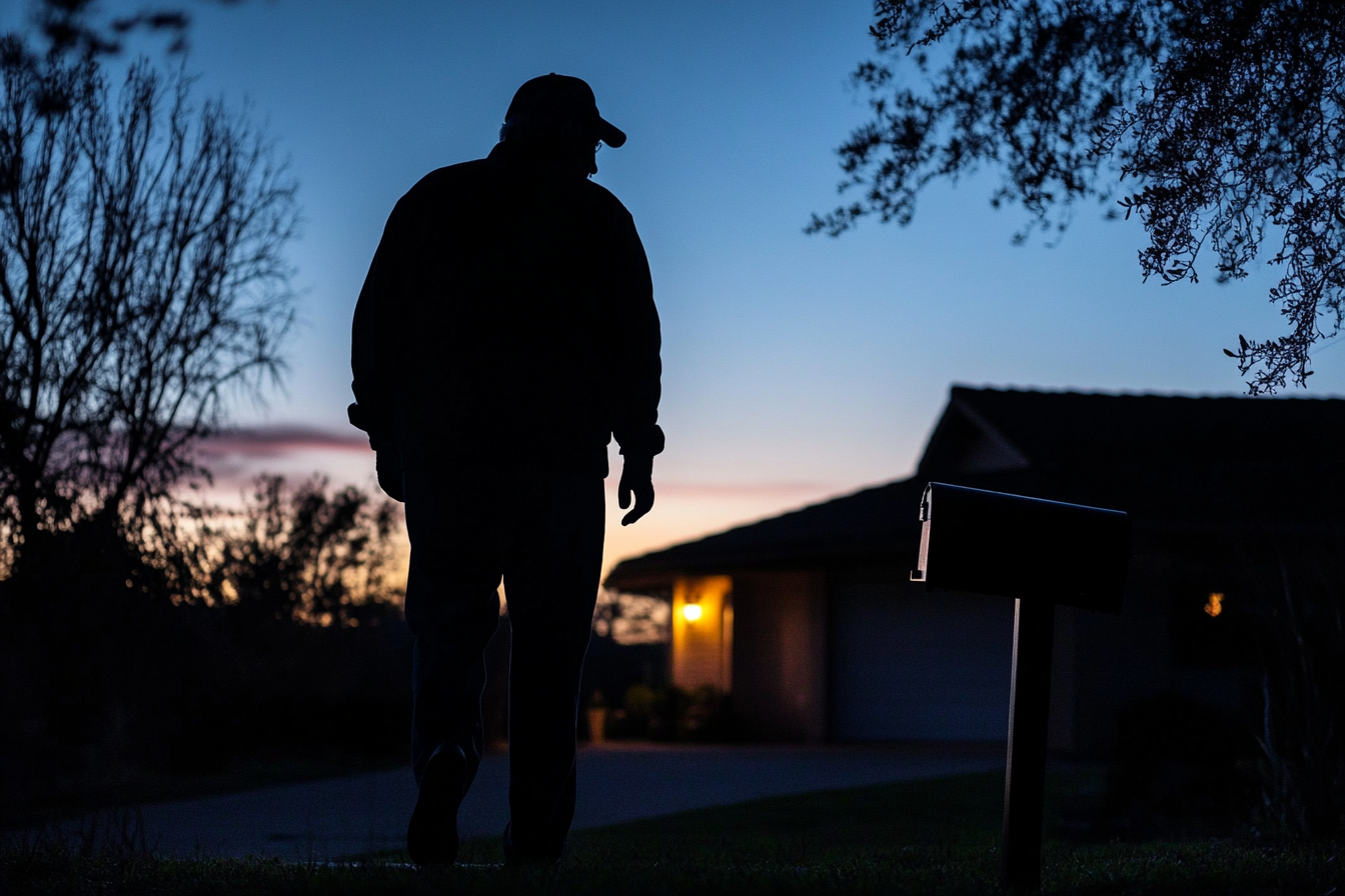 Silhouette d'un homme s'approchant d'une boîte aux lettres à l'extérieur d'une maison la nuit | Source : Midjourney