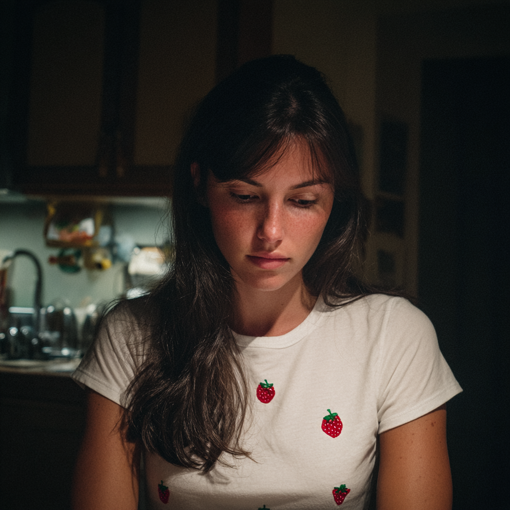 Une femme émotive assise à une table | Source : Midjourney