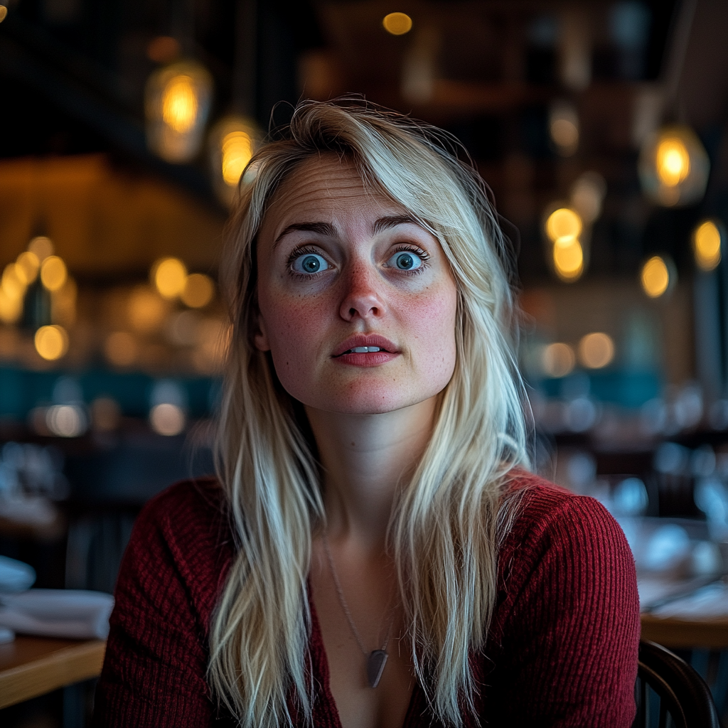 Une femme stupéfaite assise dans un restaurant haut de gamme | Source : Midjourney