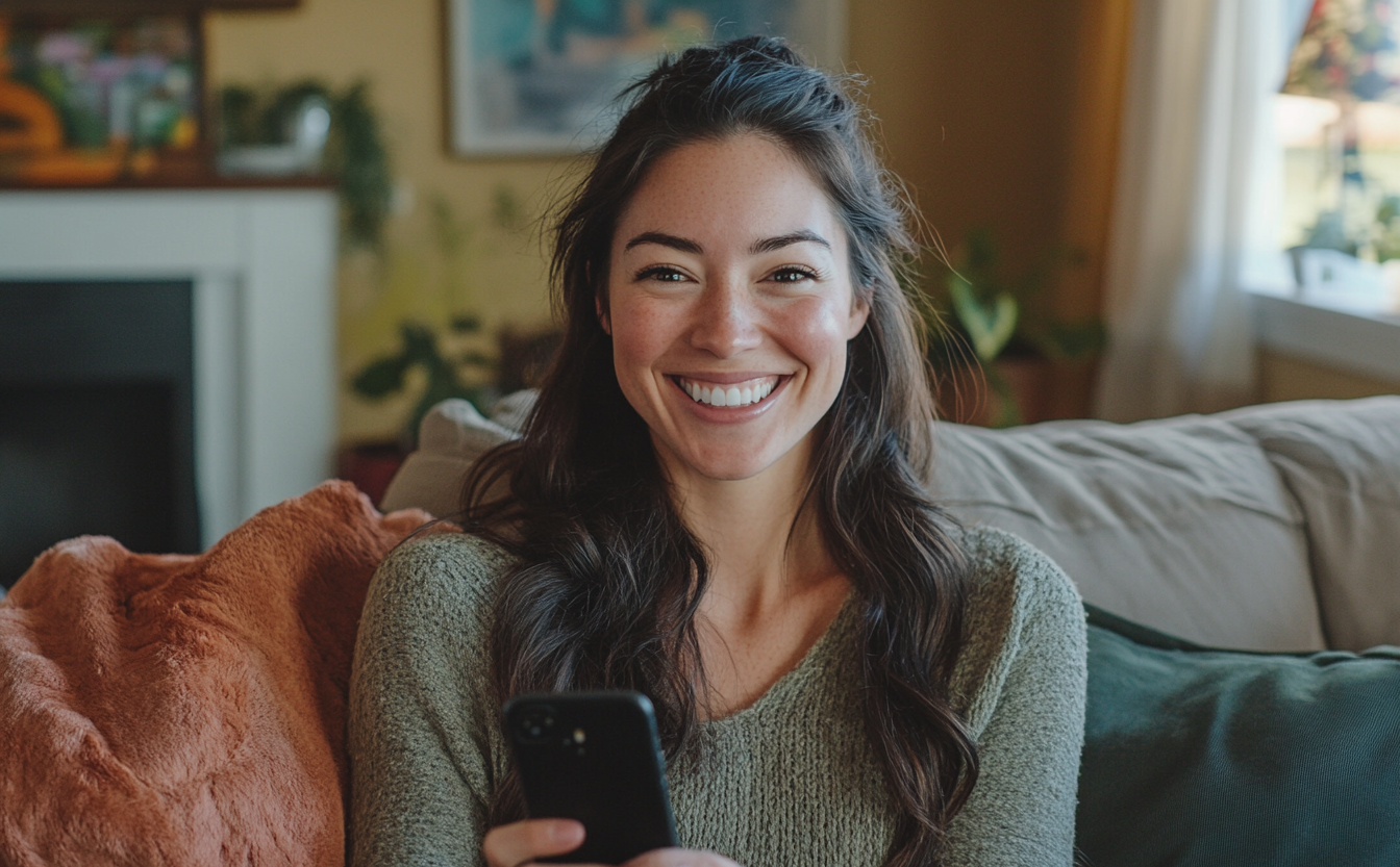 Une femme qui sourit avec son téléphone à la main | Source : Midjourney