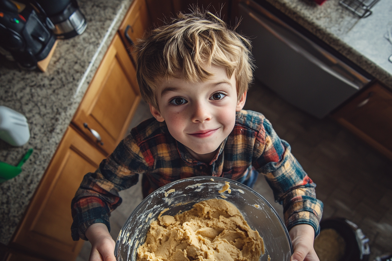 Un garçon avec un bol de pâte à biscuits | Source : Midjourney