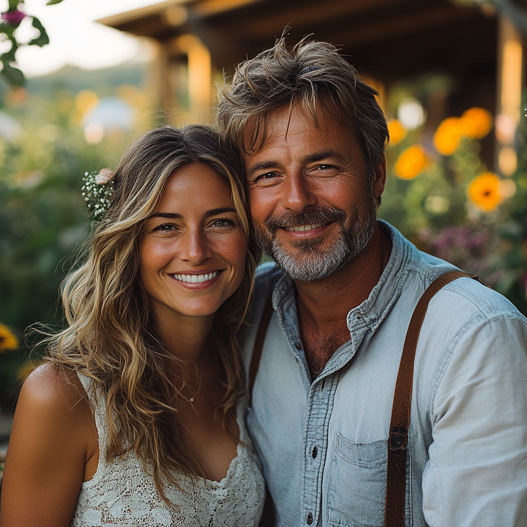 Un couple souriant dans son jardin | Source : Midjourney