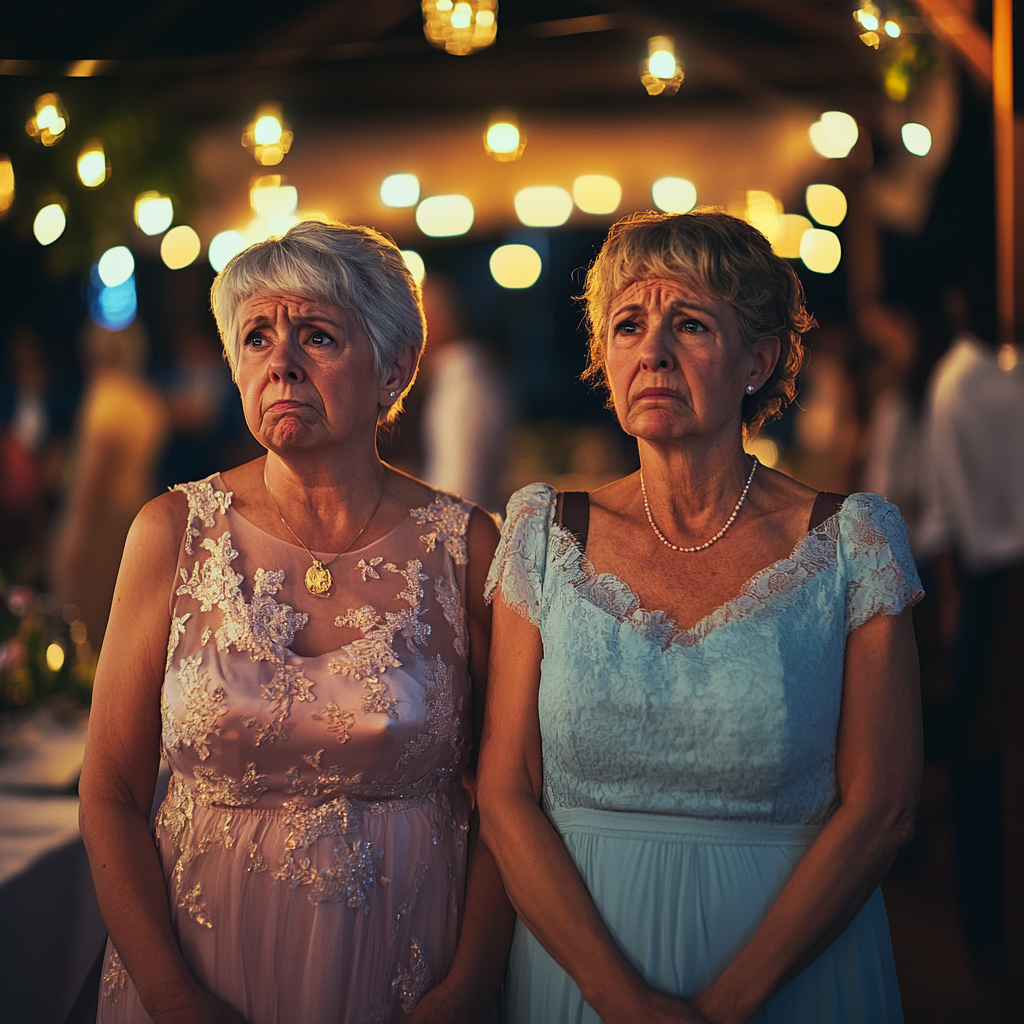 Zwei Frauen besuchen die Hochzeitsfeier des Sohnes ihrer Freundin | Quelle: Midjourney