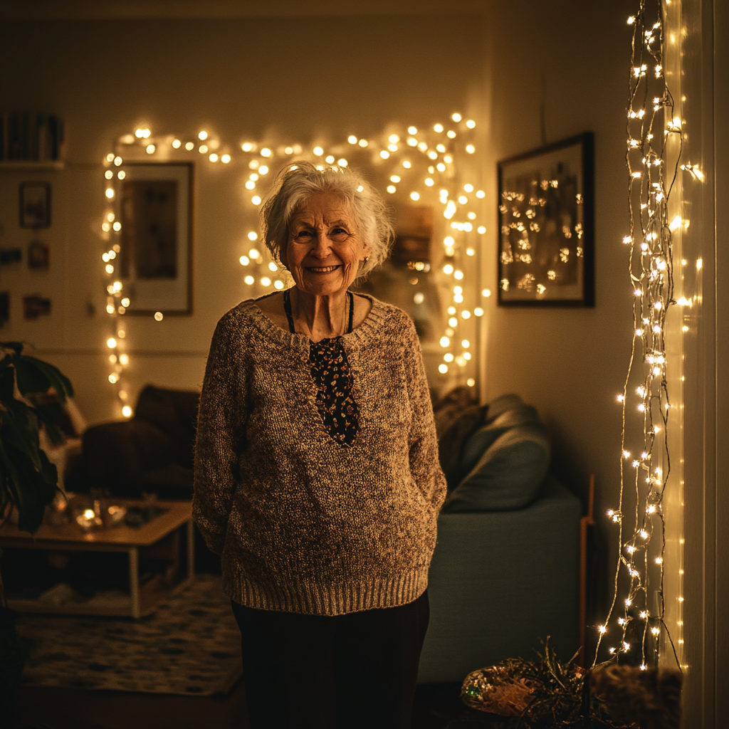 Une femme souriante debout dans son salon | Source : Midjourney