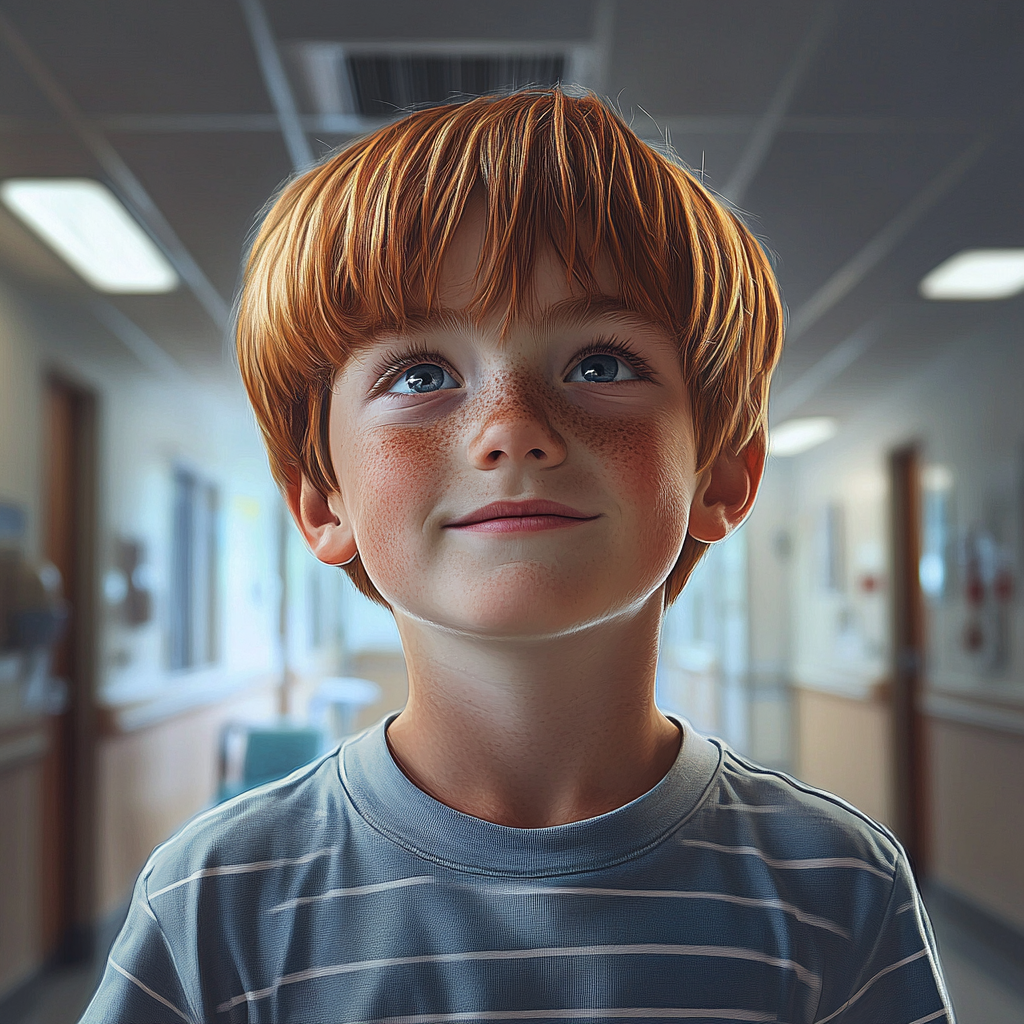 A smiling little boy standing in the hospital corridor | Source: Midjourney