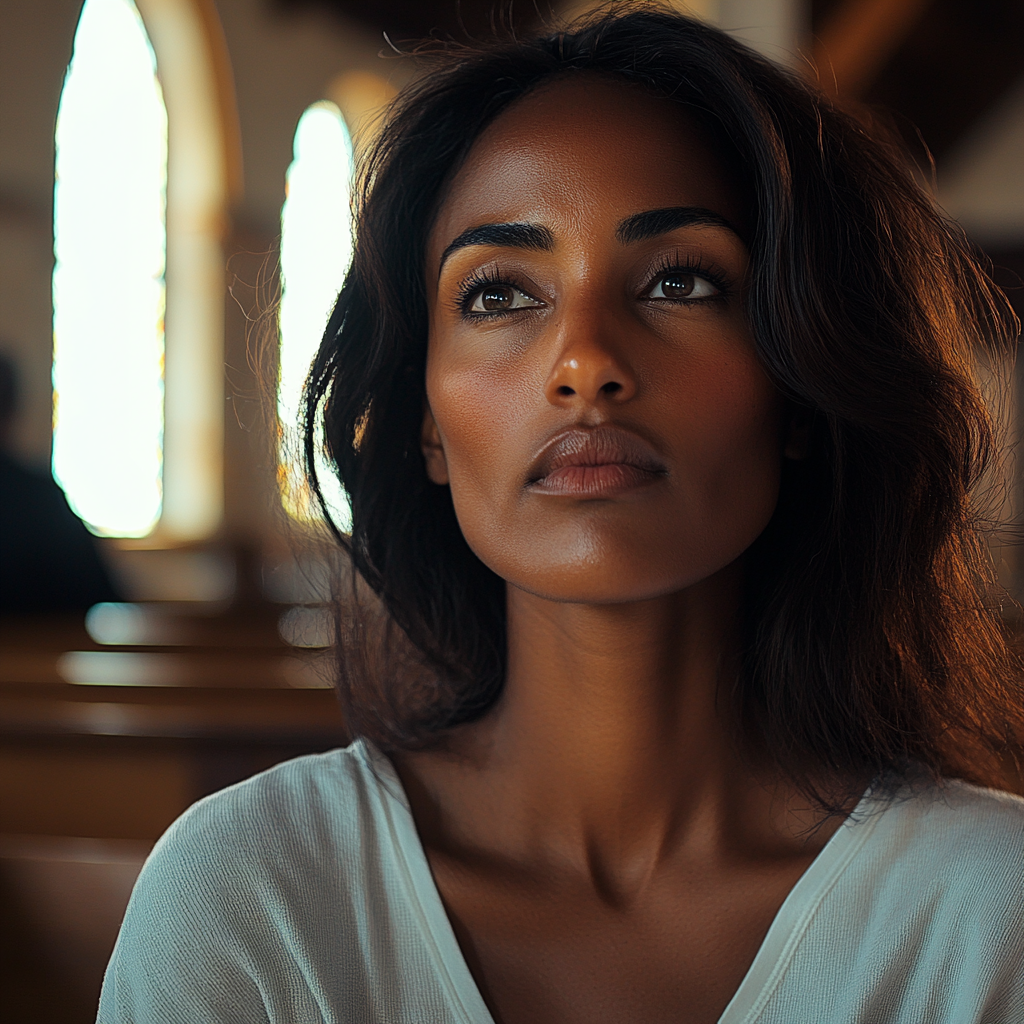 Une femme assise dans une église | Source : Midjourney