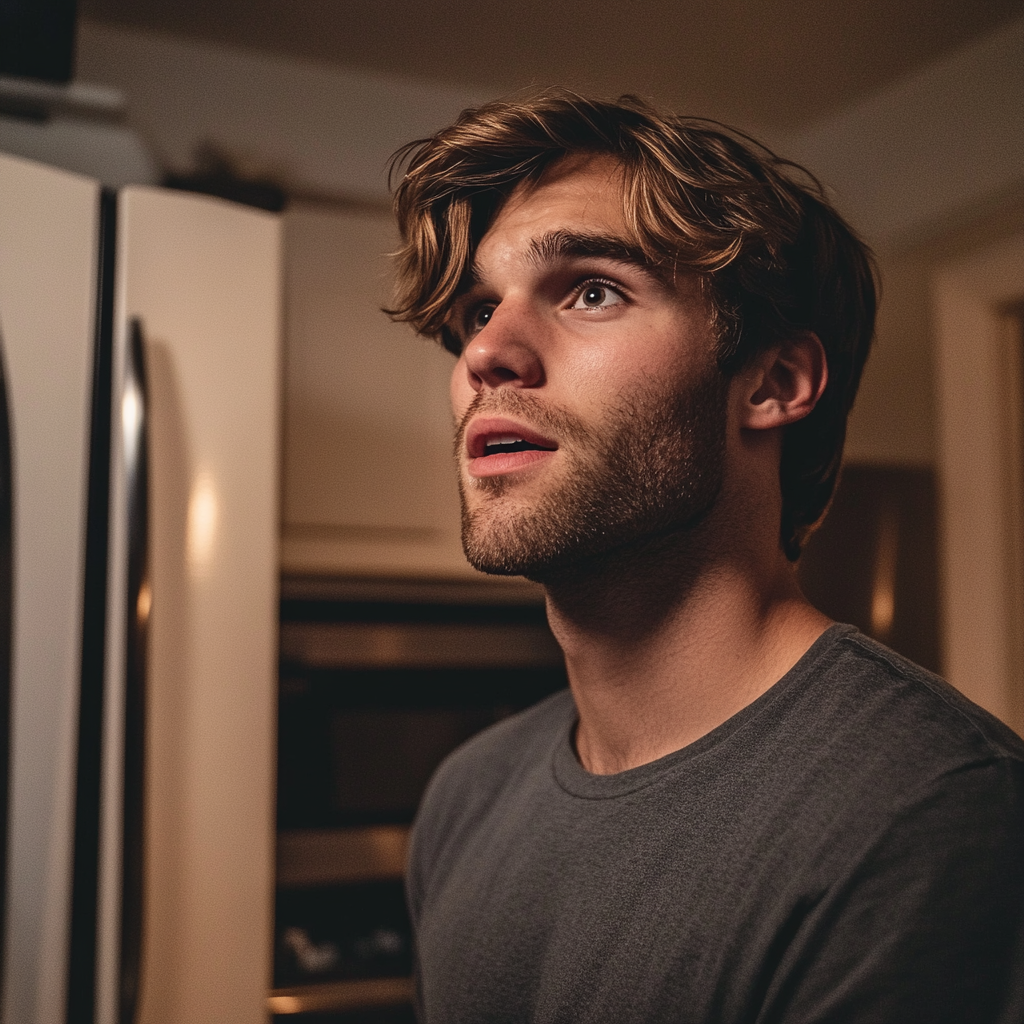 Un homme a l'air confus alors qu'il se tient dans la cuisine | Source : Midjourney