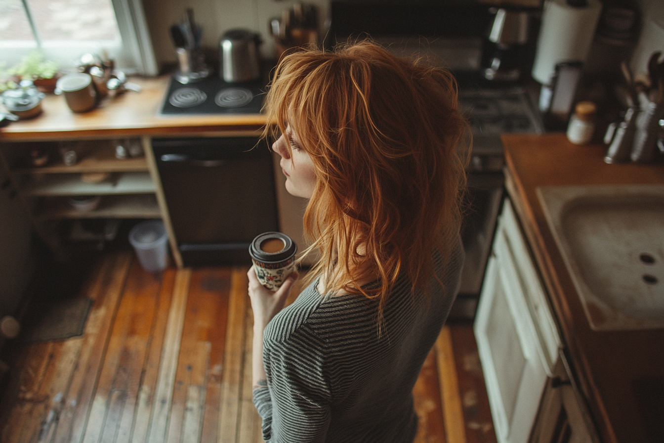 Femme prenant un café dans sa cuisine | Source : Midjourney