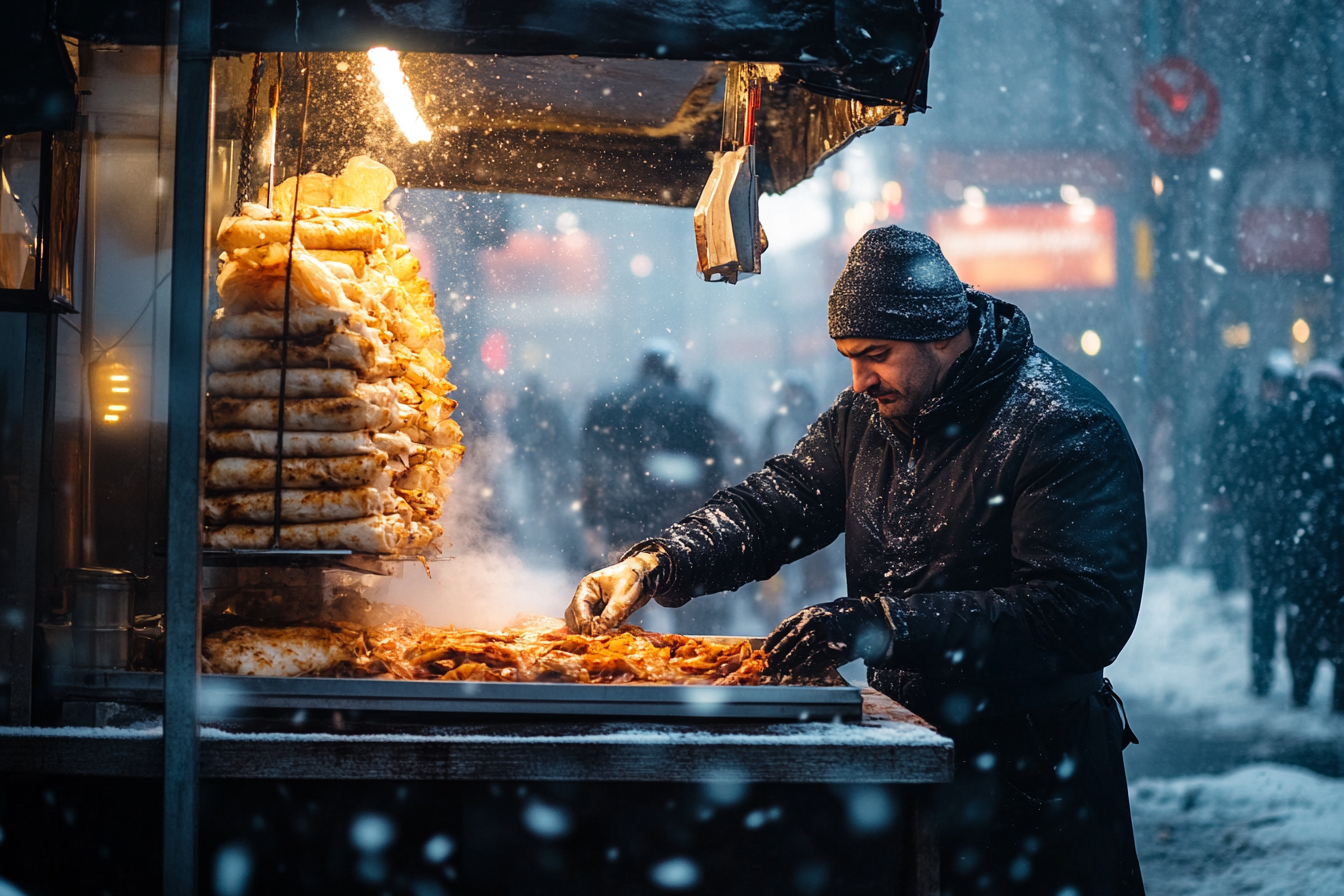 Un stand de shawarma avec un vendeur qui travaille par une journée froide, neigeuse et venteuse | Source : Midjourney