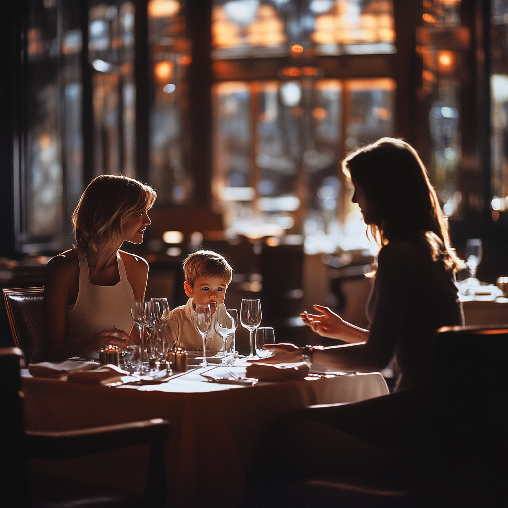 Hôtesse discutant avec une mère et son fils dans un restaurant | Source : Midjourney