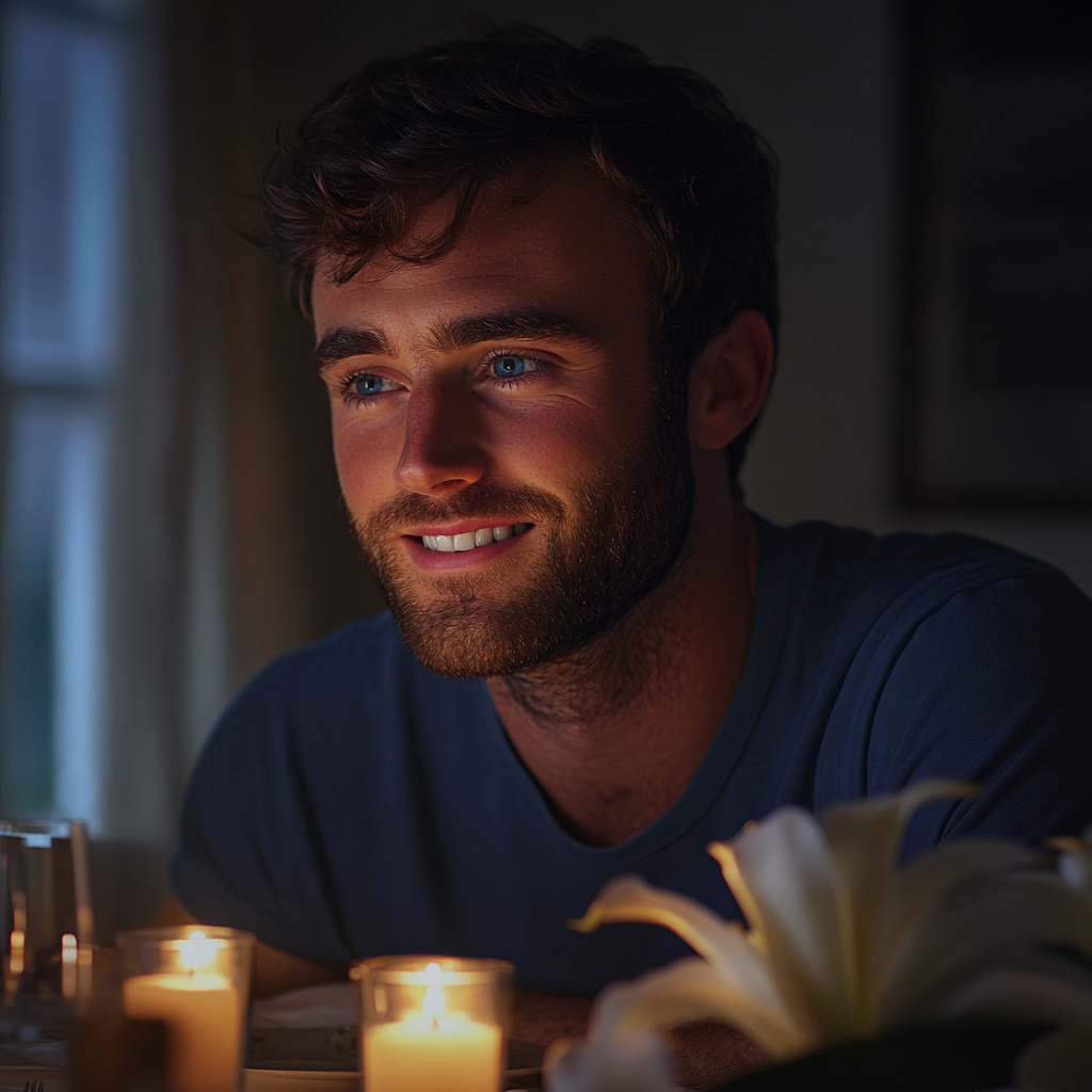 Un homme assis à une table à manger et souriant | Source : Midjourney