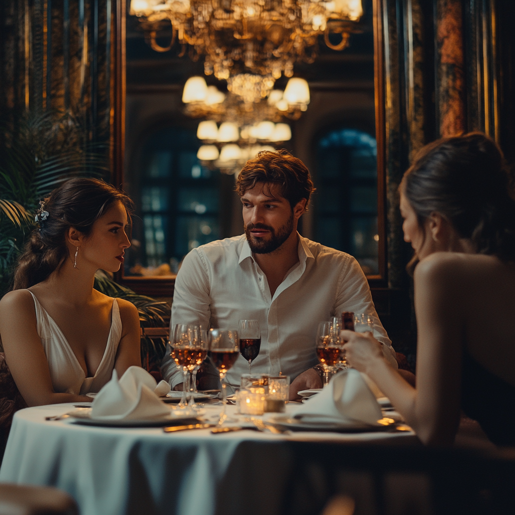 Homme tendu parlant à deux femmes à une table dans un restaurant | Source : Midjourney