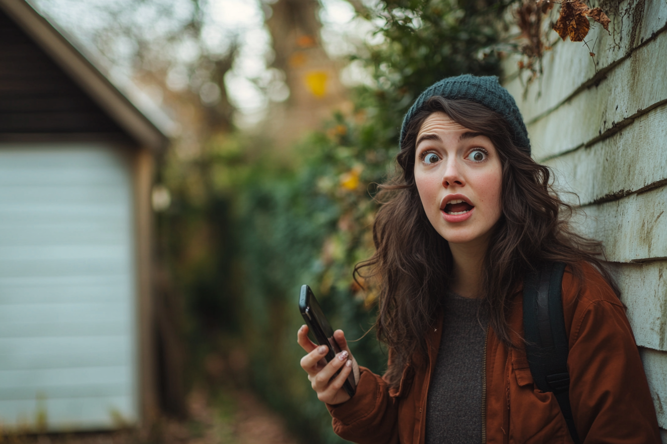 Une femme tenant un téléphone dans une arrière-cour | Source : Midjourney