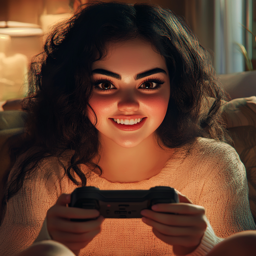 A cheerful woman holding a game console | Source: Midjourney