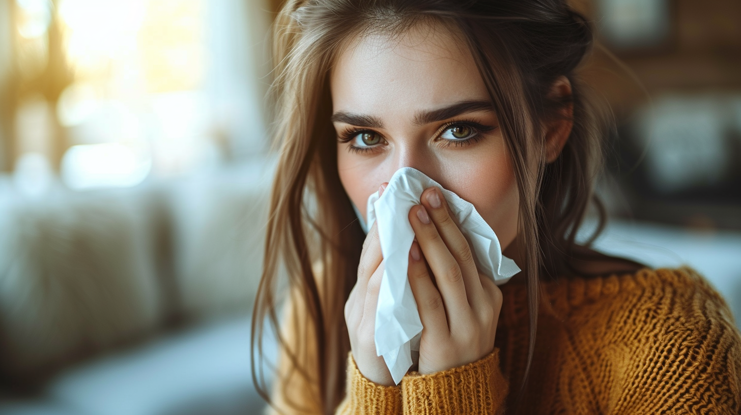 A young woman holding a tissue | Source: Midjourney