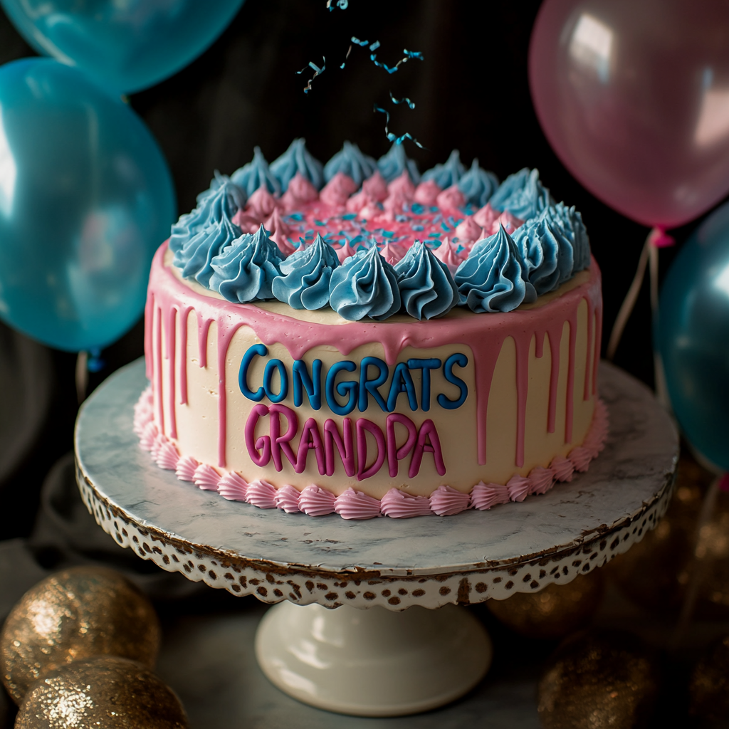 A cake with the words "Congratulations Grandpa" and balloons | Source: Midjourney