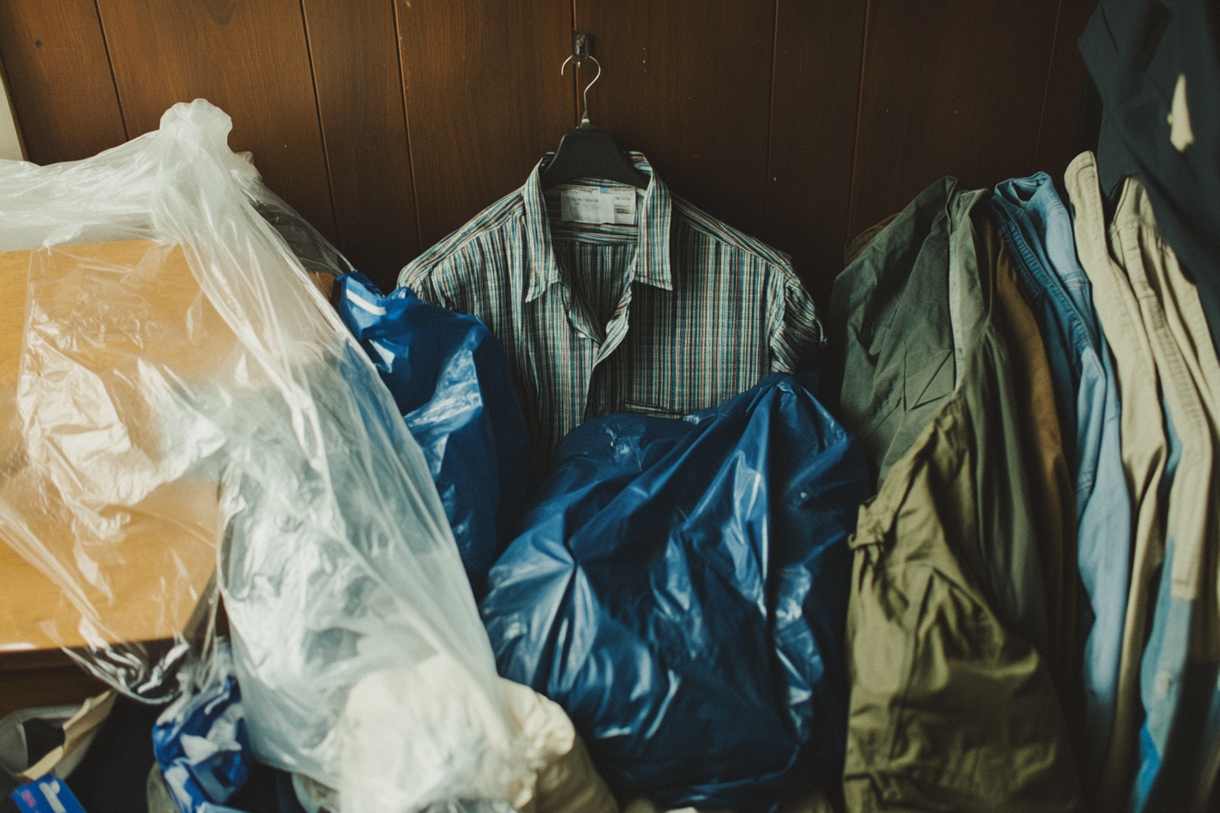 Des vêtements d'homme emballés dans des sacs poubelles | Source : Midjourney