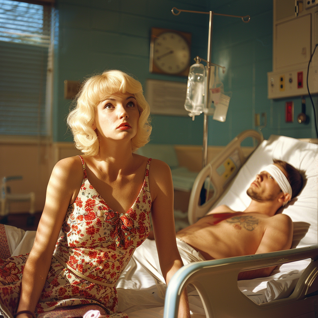 Femme blonde assise à côté d'un patient à la tête bandée | Source : Midjourney