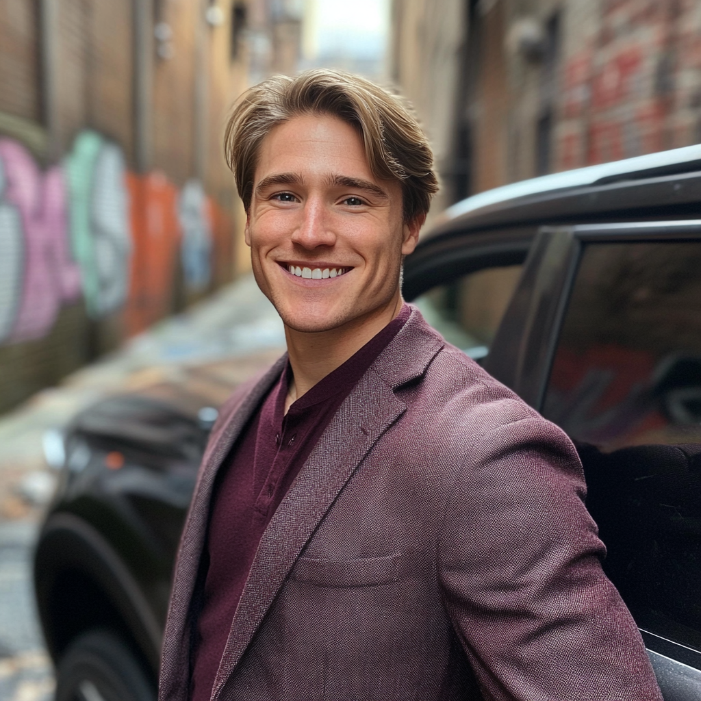 Un homme souriant à côté d'une voiture | Source : Midjourney
