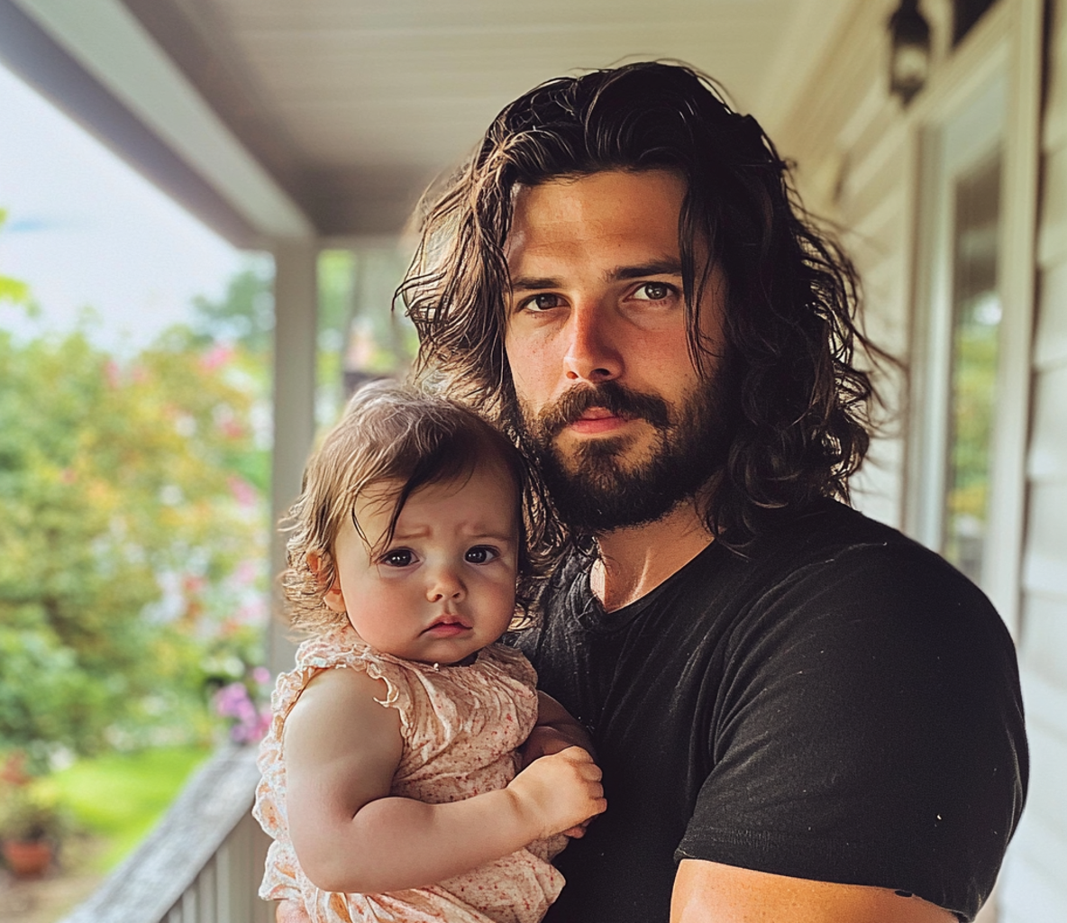 Un homme debout sous un porche avec un bébé | Source : Midjourney