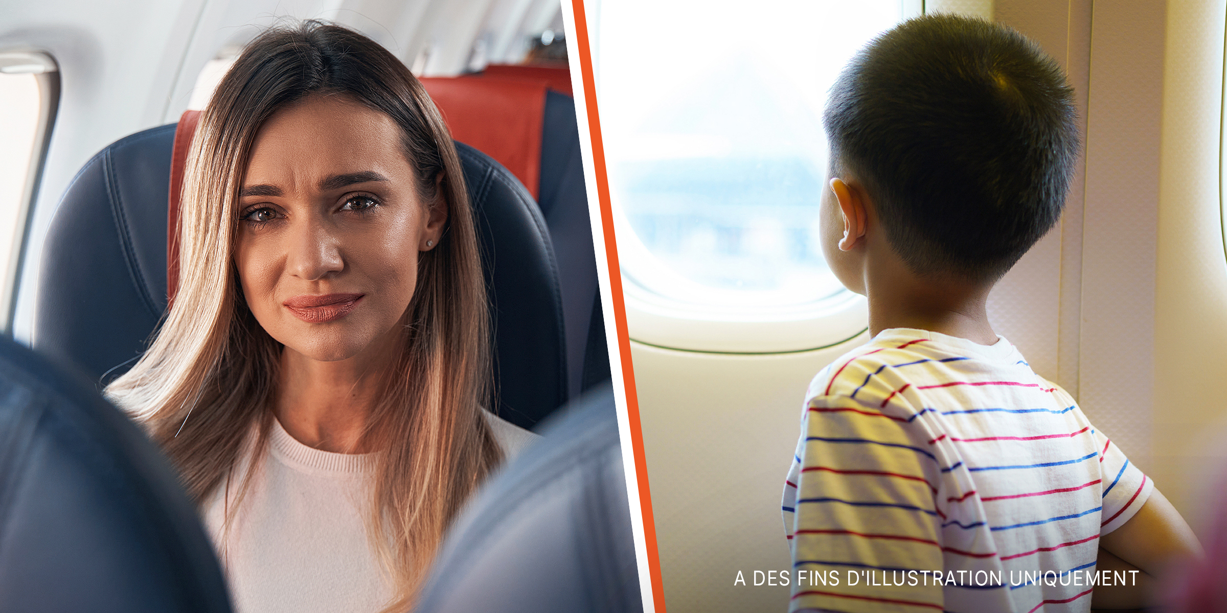Une femme qui pleure dans un avion | Un enfant assis dans un siège côté hublot | Source : Shutterstock