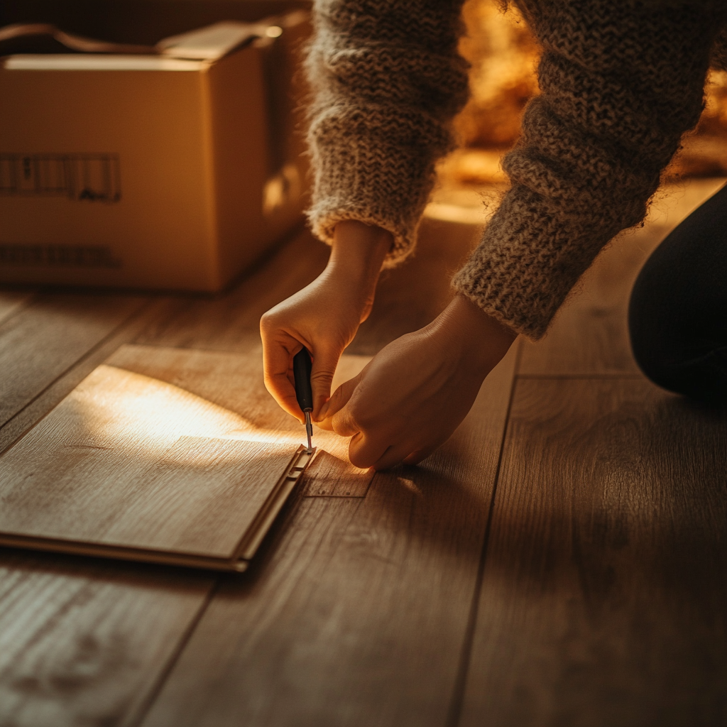 Une femme utilisant un tournevis pour ouvrir une lame de parquet | Source : Midjourney