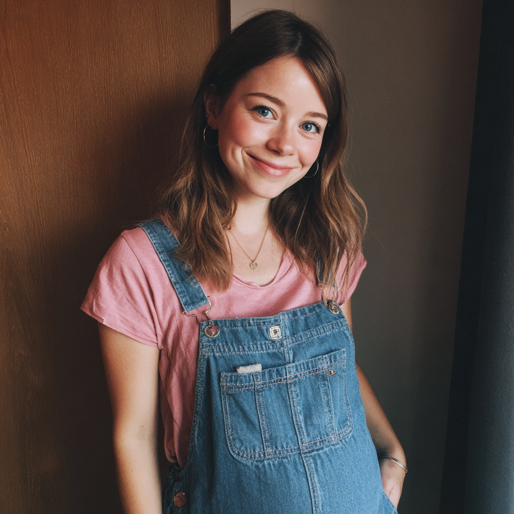 Une femme enceinte souriante portant une salopette en jean | Source : Midjourney