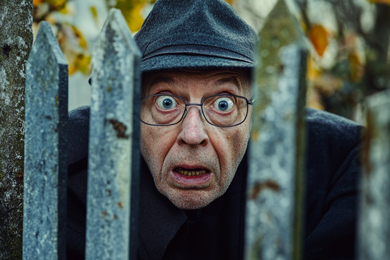 Un homme âgé choqué qui regarde à travers une clôture | Source : Midjourney