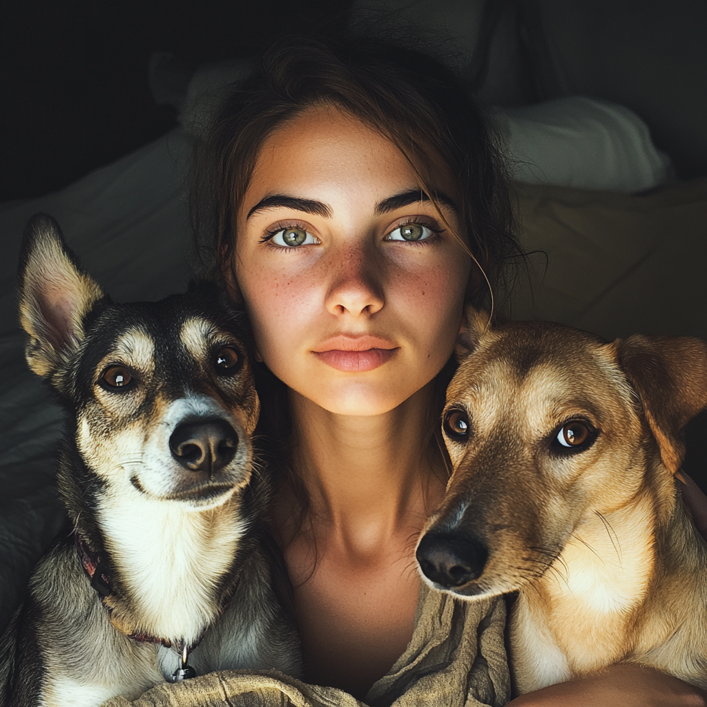 Une jeune femme avec deux chiens | Source : Midjourney