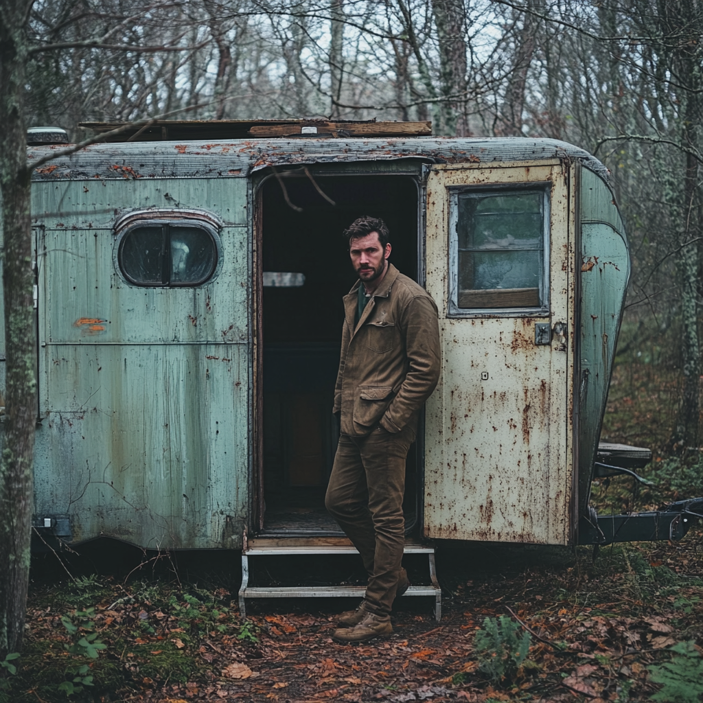 Homme debout devant la porte d'une vieille caravane | Source : Midjourney