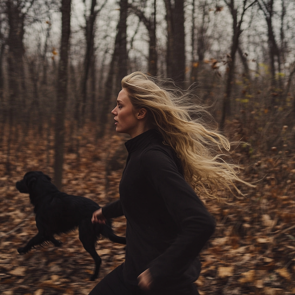 Une femme qui court après le chien | Source : Midjourney