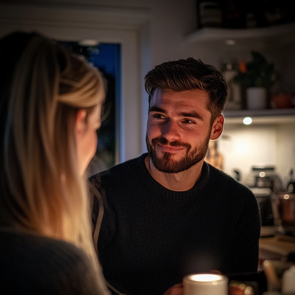 Un homme avec un petit sourire qui parle à sa femme | Source : Midjourney