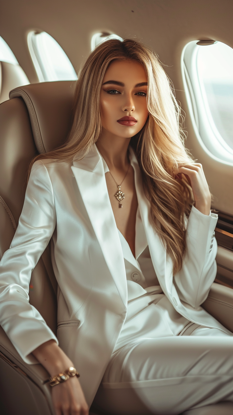 Une femme riche assise dans un avion | Source : Midjourney