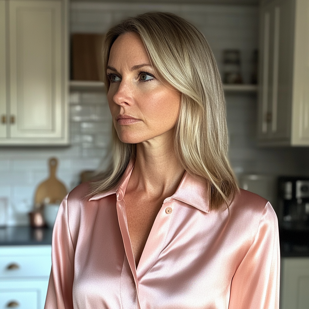 Une femme au visage sévère portant un chemisier rose | Source : Midjourney
