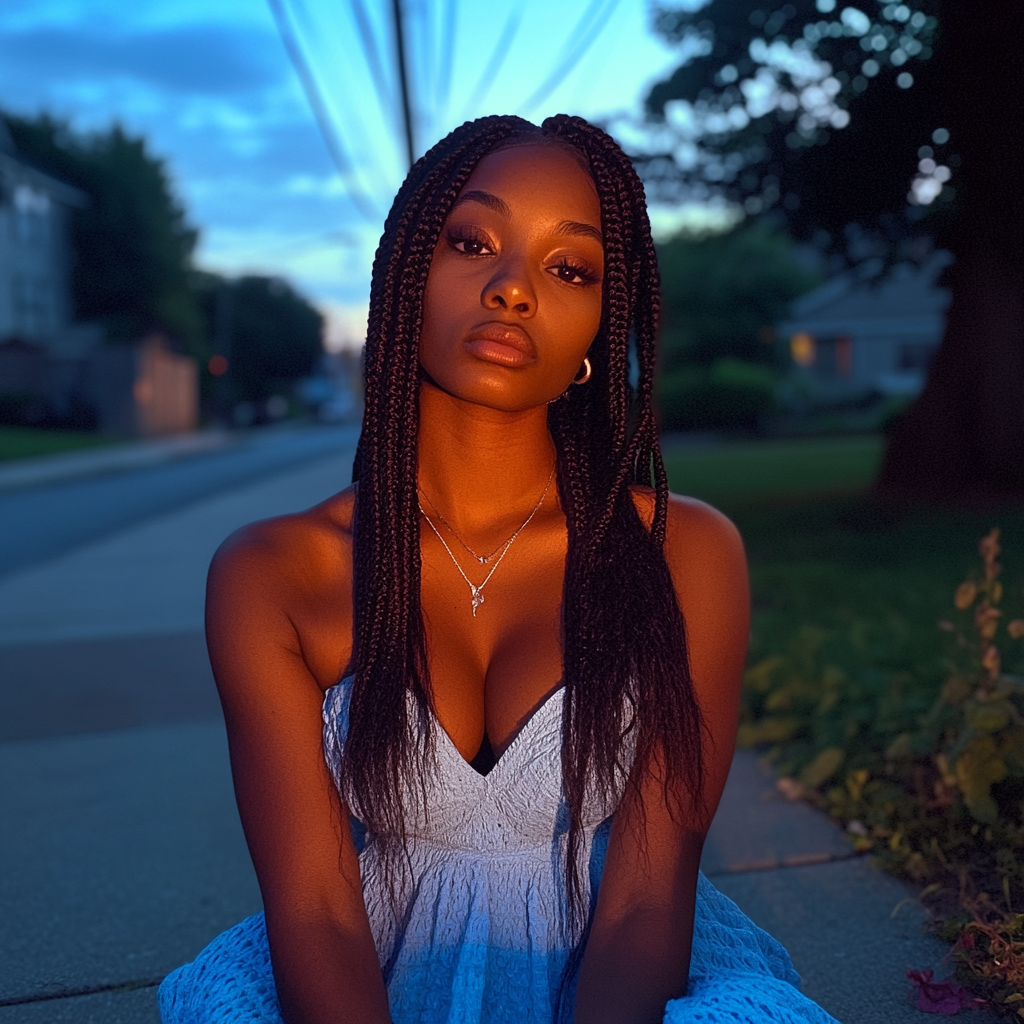 A woman sitting on a sidewalk | Source: Midjourney