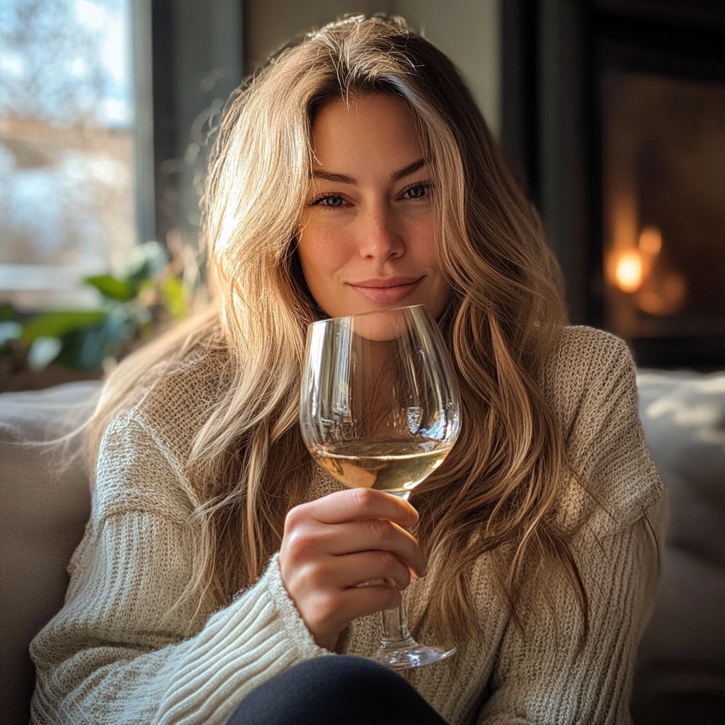 Femme se relaxant à la maison avec un verre de vin | Source : Midjourney