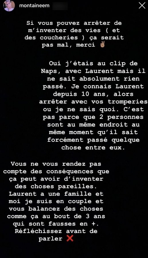 Capture d'écran de la story d'instagram de montaine mounet.  | Photo : Instagram/montaineem/