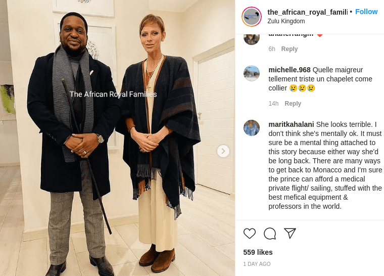 Capture d'écran du commentaire des internautes sur la photo de Charlene de Monaco. | Photo : Instagram/the_african_royal_families/