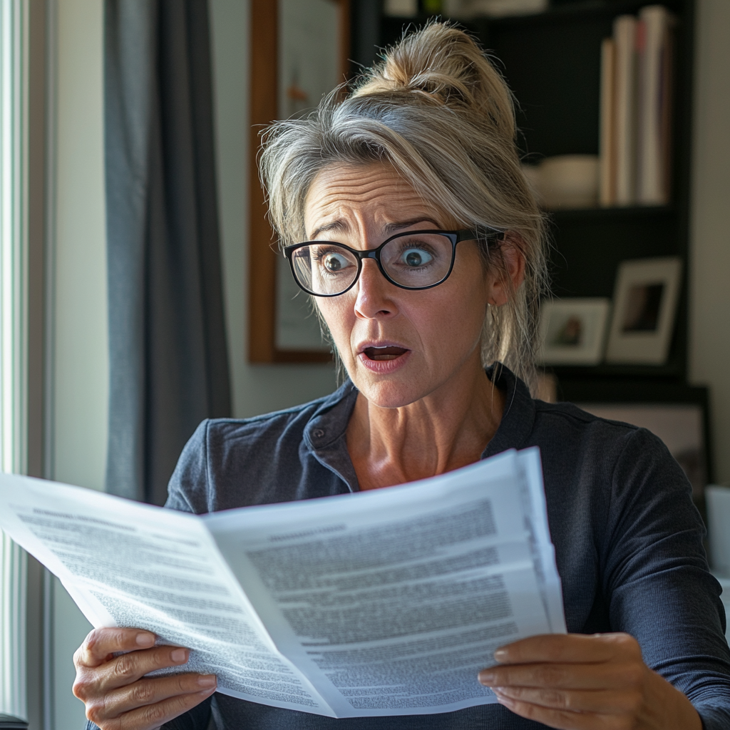 Une femme choquée qui parcourt des documents | Source : Midjourney