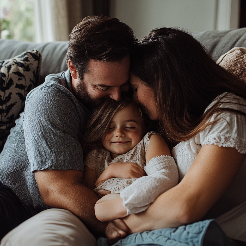 Un père, sa fille et une tante se serrent dans les bras | Source : Midjourney