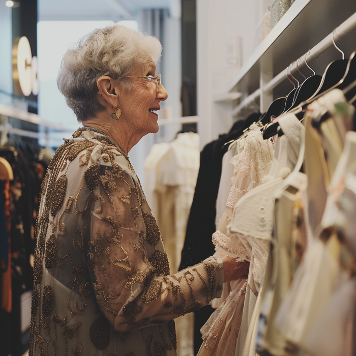 Une femme âgée vérifie des robes dans une boutique | Source : Midjourney