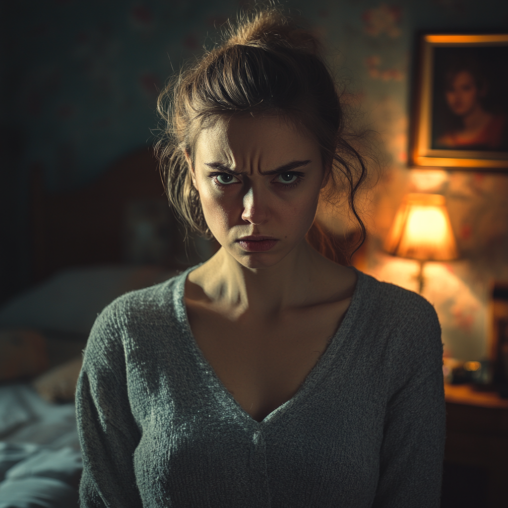 Une femme en colère dans sa chambre à coucher | Source : Midjourney