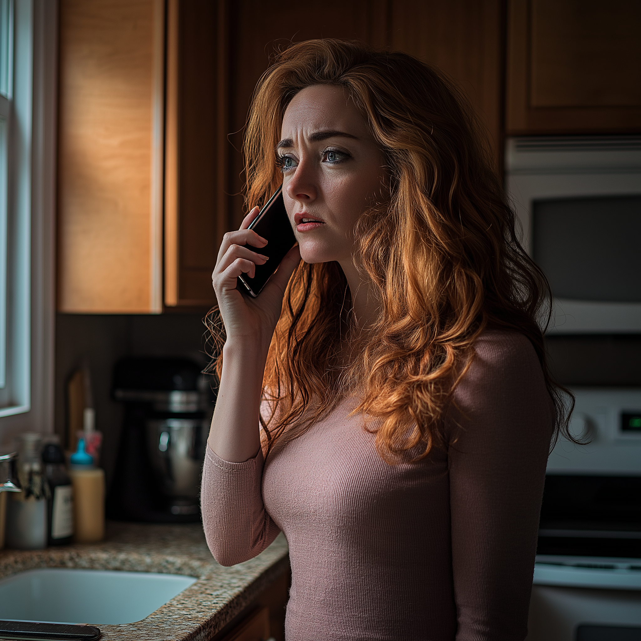 A woman talking on the phone in the kitchen | Source: Midjourney