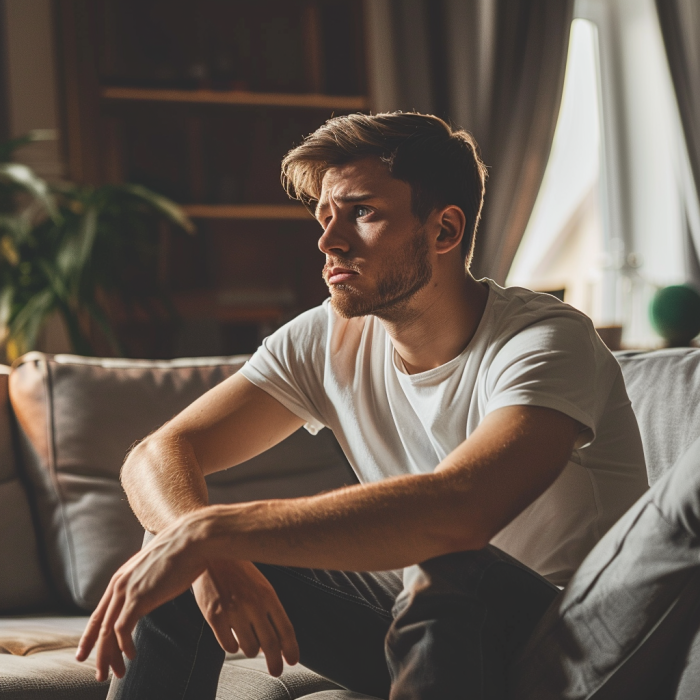 Un homme déprimé assis seul sur un canapé | Source : Midjourney